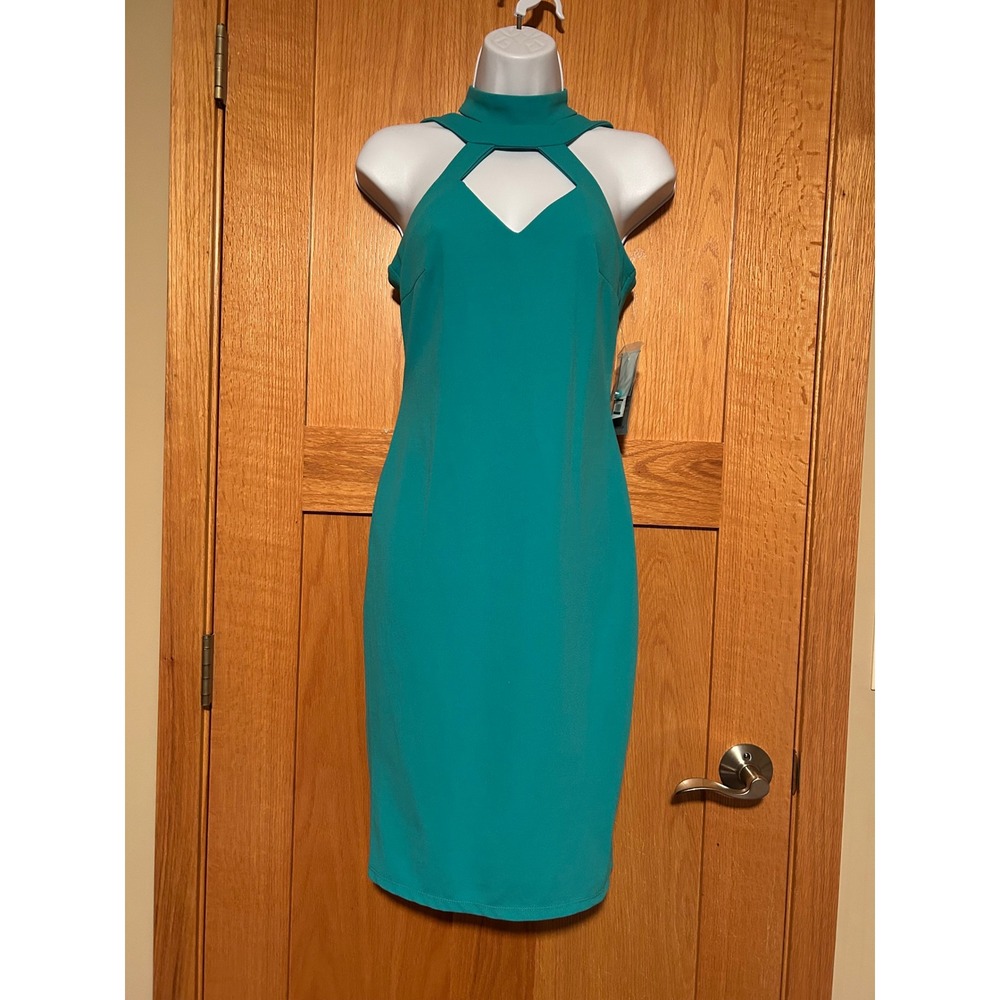 NEW Bebe Chic Teal Mock Neck Cutout Pencil Bodycon Sleeveless Midi Dress Size XS